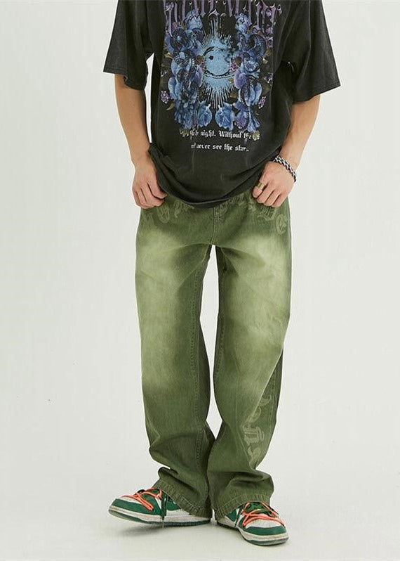 Fine Green Pockets Graphic Denim Pants Clothing Fall