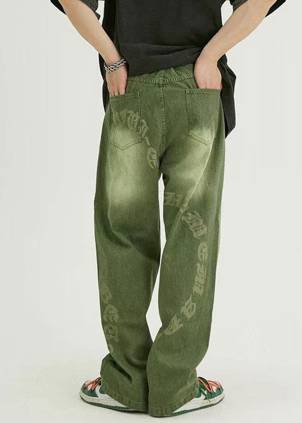 Fine Green Pockets Graphic Denim Pants Clothing Fall