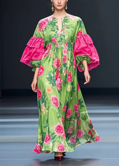 Fine Green Puff Sleeve Silk Velvet Maxi Dresses Fall