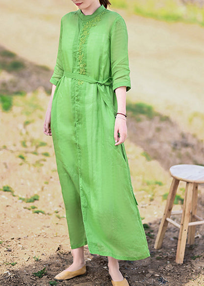 Fine Green Stand Collar Tie Waist Embroideried Linen Party Dress Half Sleeve