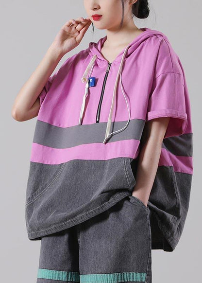 Fine Green Hooded Patchwork Cotton Blouses Summer