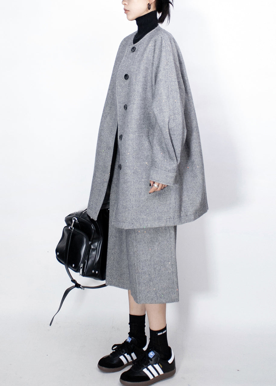 Fine Grey Button Coat and High?waist Crop Pants Woolen Two Pieces Set Fall