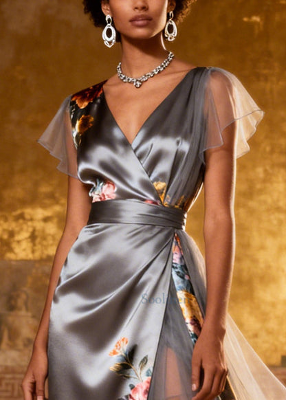 Fine Grey Print Patchwork Side Open Silk Holiday Dress Summer
