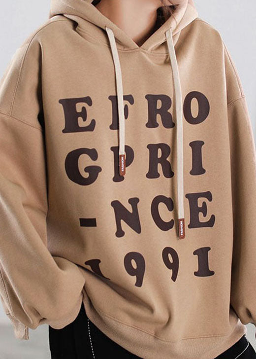Fine Khaki Hooded Graphic Warm Fleece Sweatshirt Street Wear Winter