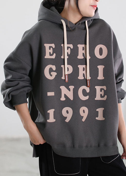 Fine Khaki Hooded Graphic Warm Fleece Sweatshirt Street Wear Winter