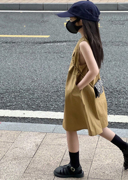 Fine Khaki Patchwork Cotton Kids Maxi Dress Sleeveless