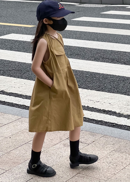 Fine Khaki Patchwork Cotton Kids Maxi Dress Sleeveless