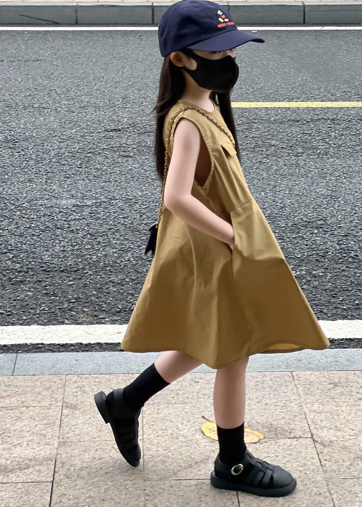Fine Khaki Patchwork Cotton Kids Maxi Dress Sleeveless
