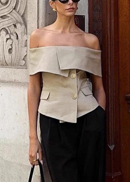 Fine Khaki Slash Neck Button Spandex Tops Summer