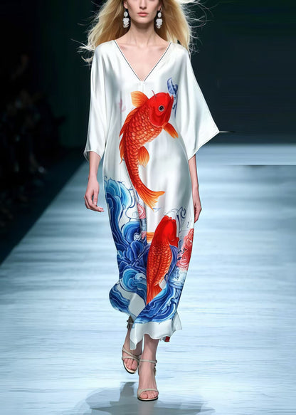 Fine Koi Fish Print Ice Silk Long Dress Summer