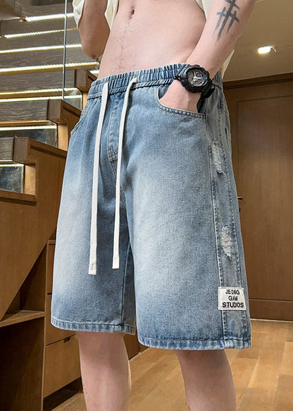Fine Light Blue Hole Lace Up Elastic Waist Denim Shorts Summer
