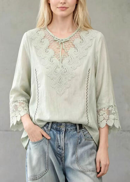 Fine Light Green Hollow Out Lace Patchwork Cotton Tanks Summer