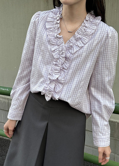 Fine Light Purple Ruffled Plaid Cotton Blouse Top Spring