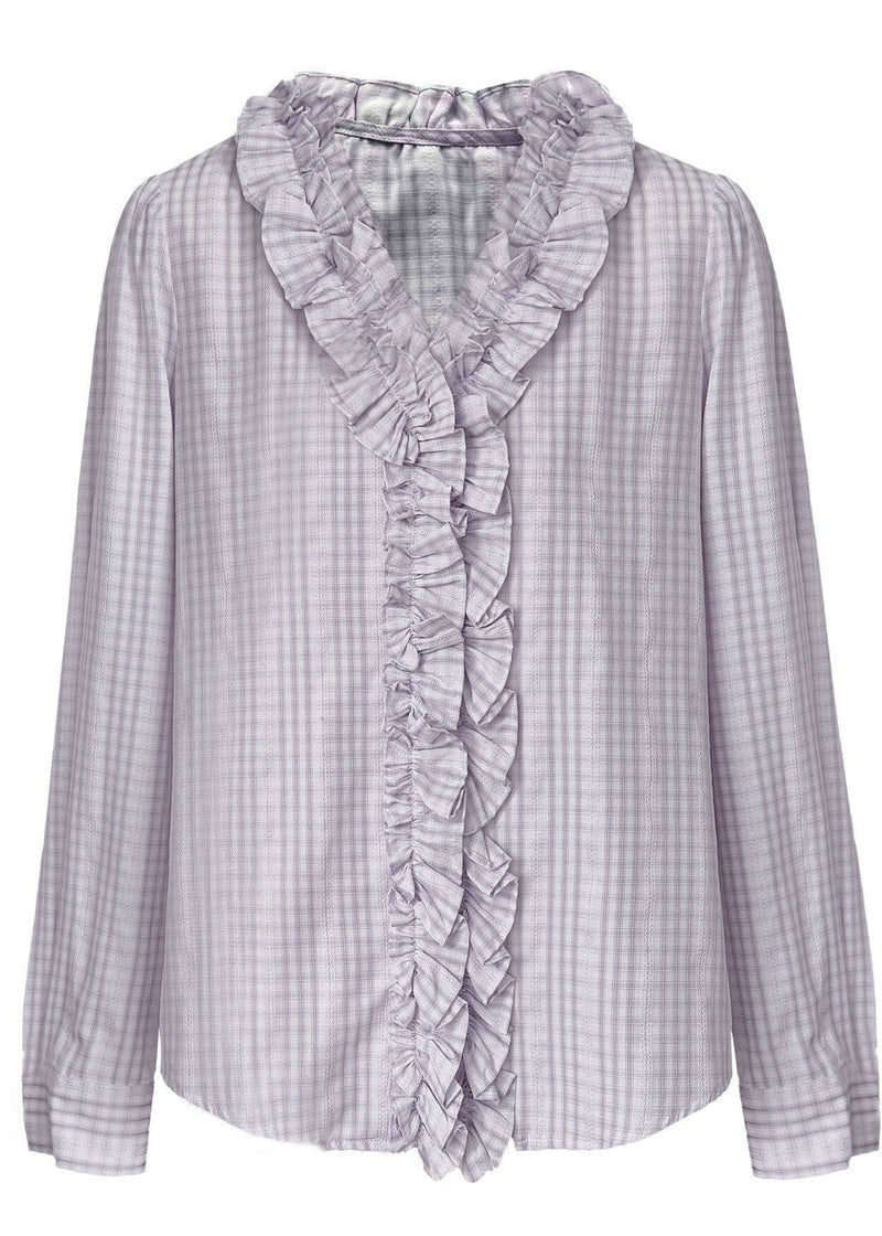 Fine Light Purple Ruffled Plaid Cotton Blouse Top Spring