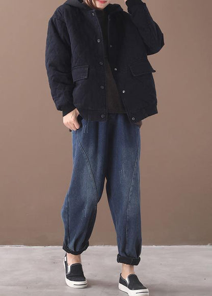 Fine Loose Fitting Snow Jackets Short Outwear Black Hooded Winter Coats