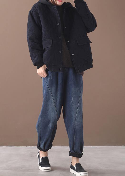 Fine Loose Fitting Snow Jackets Short Outwear Black Hooded Winter Coats