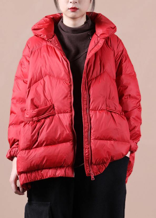 Fine Loose Fitting Snow Jackets Zippered Jackets Red Stand Collar Goose Down Jackets