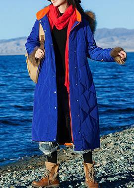 Fine Loose Fitting Winter Jacket Hooded Jackets Blue Side Open Zippered Warm Winter Coat