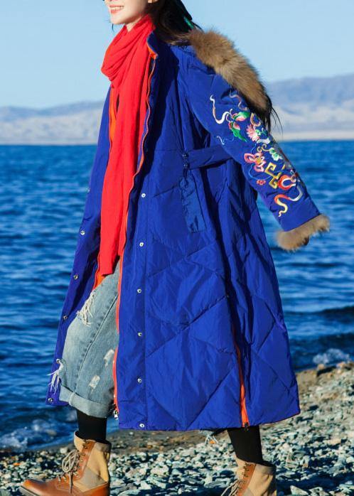 Fine Loose Fitting Winter Jacket Hooded Jackets Blue Side Open Zippered Warm Winter Coat