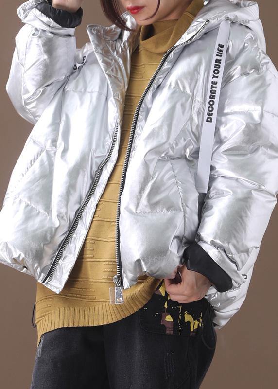 Fine Loose Fitting Overcoat Silver White Hooded Zippered Duck Down Coat