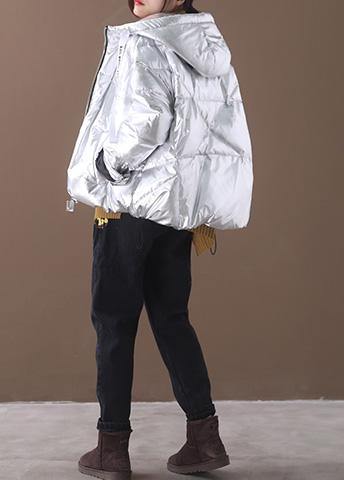 Fine Loose Fitting Overcoat Silver White Hooded Zippered Duck Down Coat