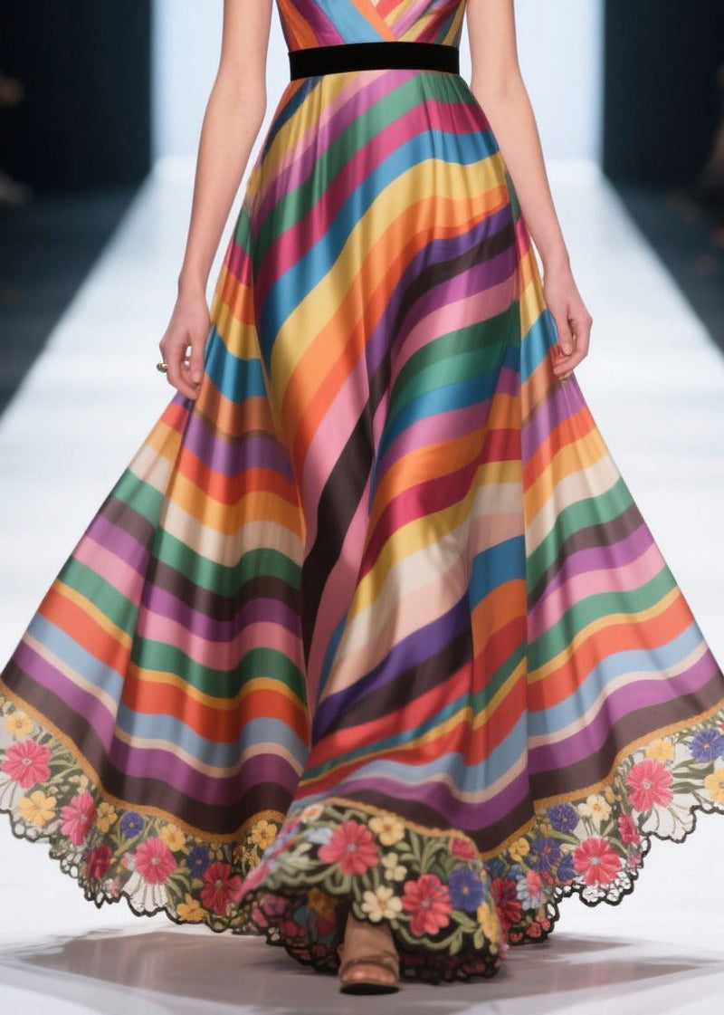 Fine Multicolour Striped Patchwork Flower Lace Silk Evening Dress Summer