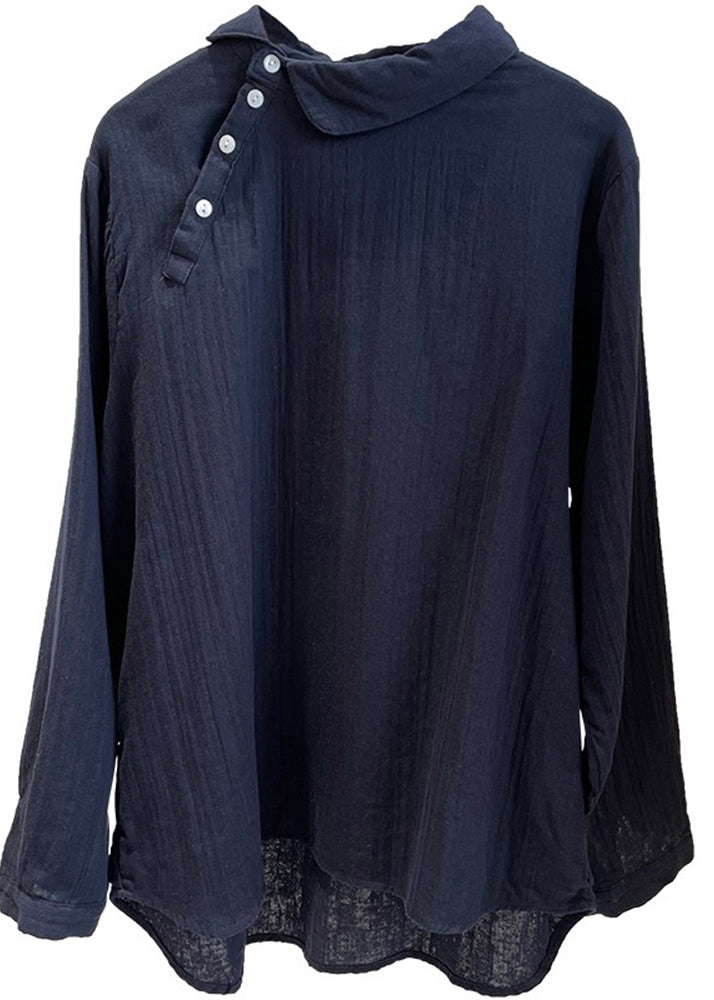 Fine Navy Asymmetrical Stand Collar Cotton Shirts Spring