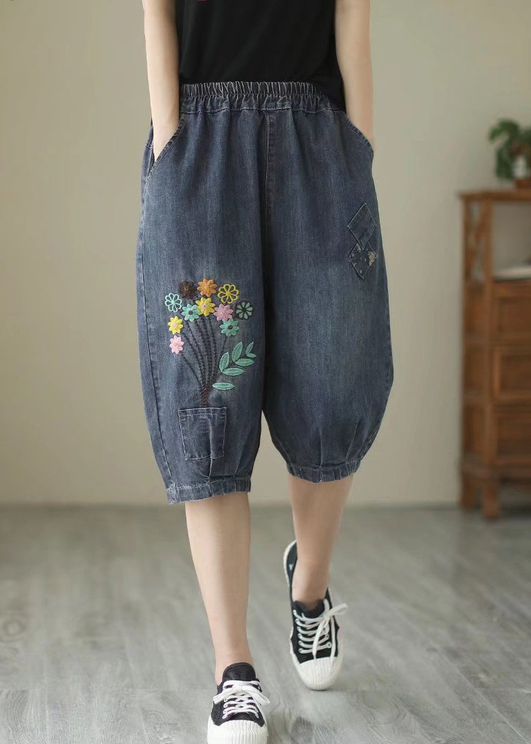 Fine Navy Embroideried Denim Harem Pants Summer