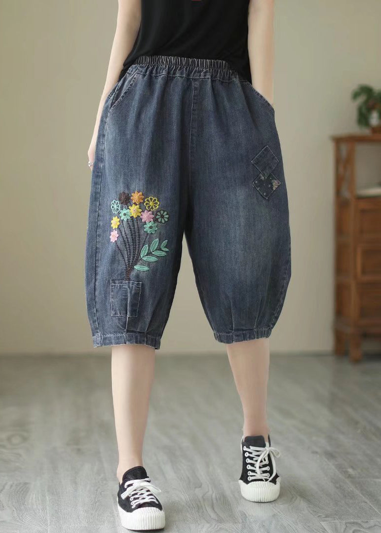 Fine Navy Embroideried Denim Harem Pants Summer