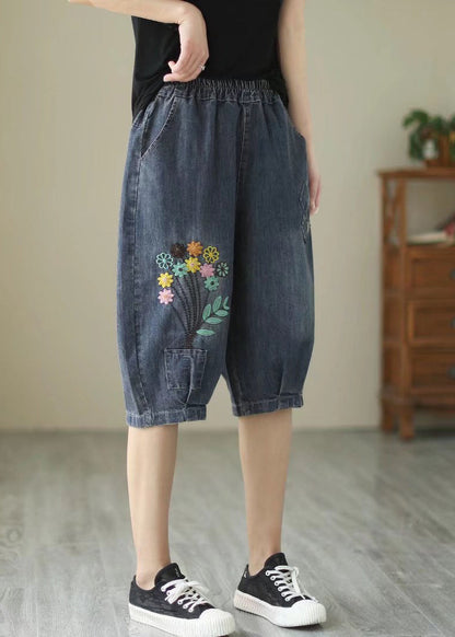 Fine Navy Embroideried Denim Harem Pants Summer