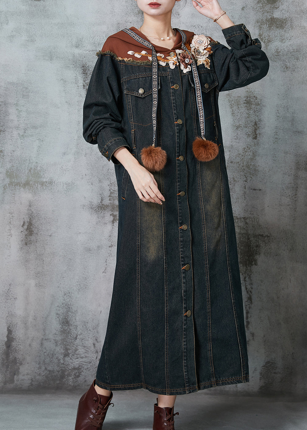 Fine Navy Patchwork Denim Long Dresses Spring