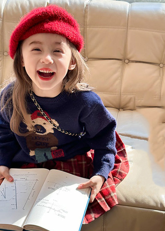 Fine Navy O-neck Graphic Cotton Knit Kids Sweaters Spring
