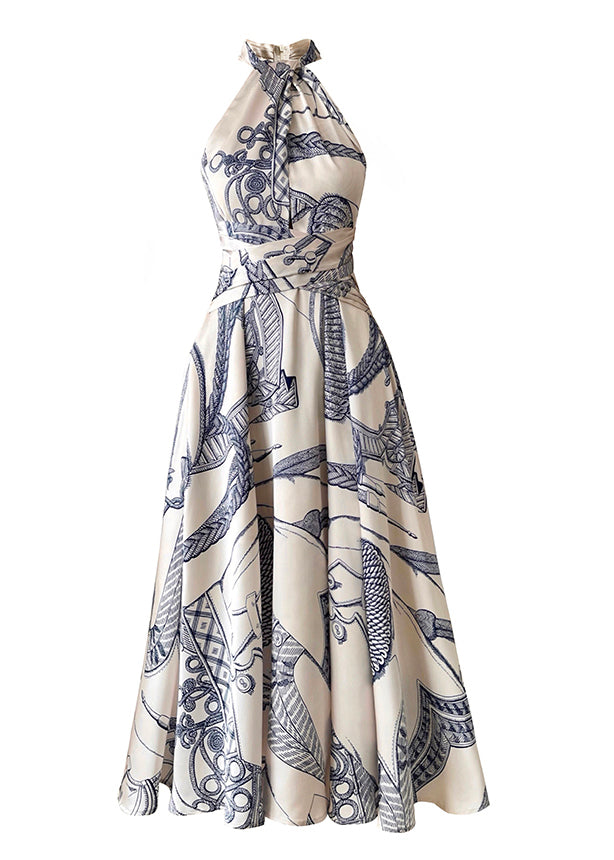 Fine O-neck Print Chiffon Halter Maxi Dress Sleeveless