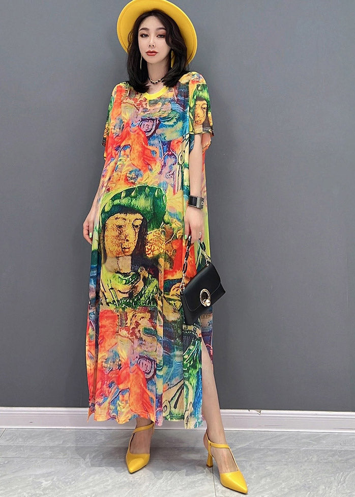 Fine O-neck Print Side Open Chiffon Party Dress Short Sleeve