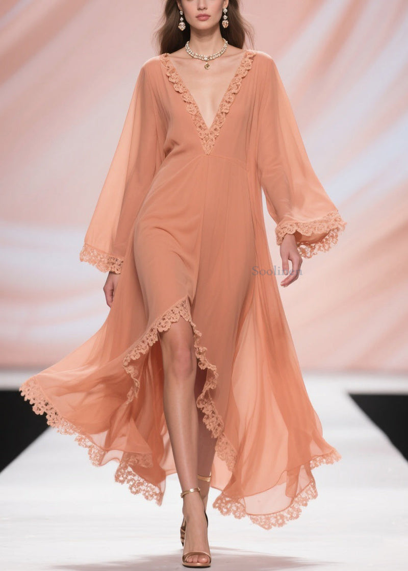 Fine Orange Lace Side Open Chiffon Long Dresses