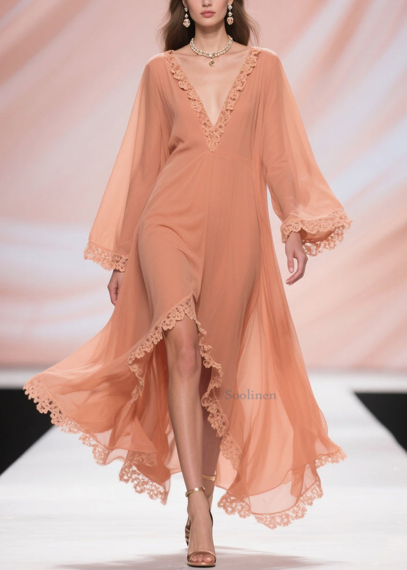 Fine Orange Lace Side Open Chiffon Long Dresses