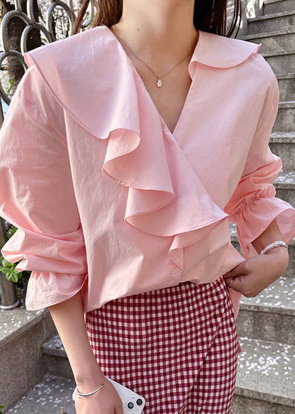 Fine Pink Asymmetrical Ruffles Cotton Shirt Tops Fall