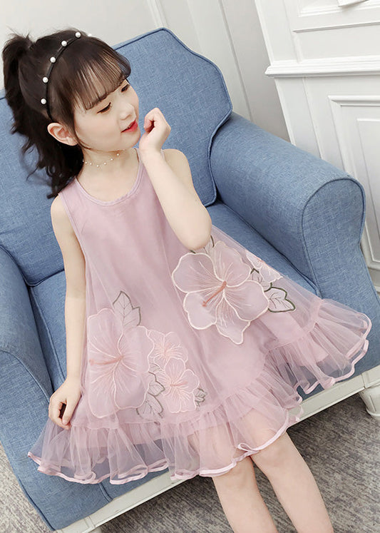 Fine Pink O-neck Patchwork Embroideried Patchwork Tulle Long Dresses Sleeveless