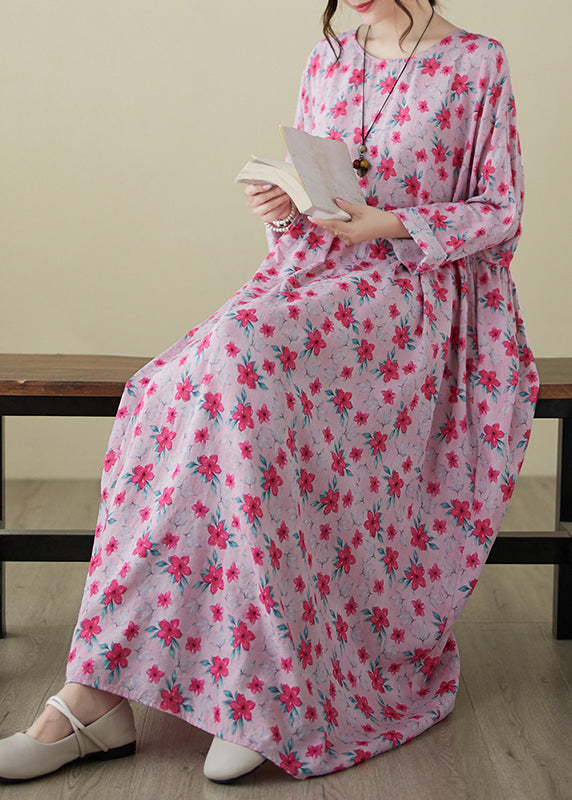 Fine Pink O-neck Print Patchwork Long Dress Spring
