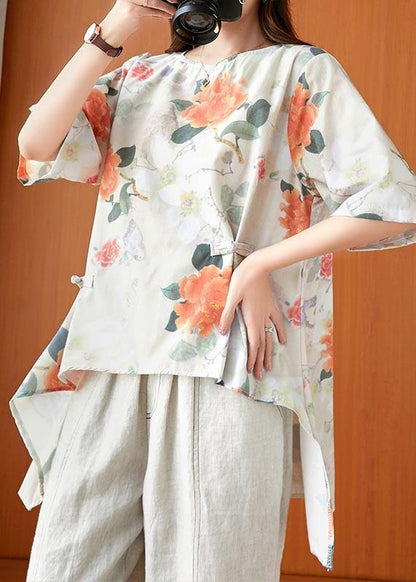 Fine Print Low High Design Oriental Linen Summer Blouse Top