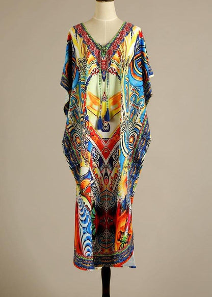 Fine Print Tie Chiffon Loose Kimono Robe Maxi Dress