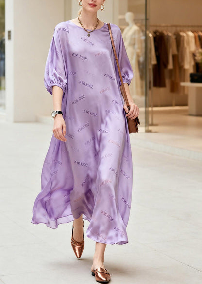 Fine Purple O-neck Graphic Silk Long Dress Summer