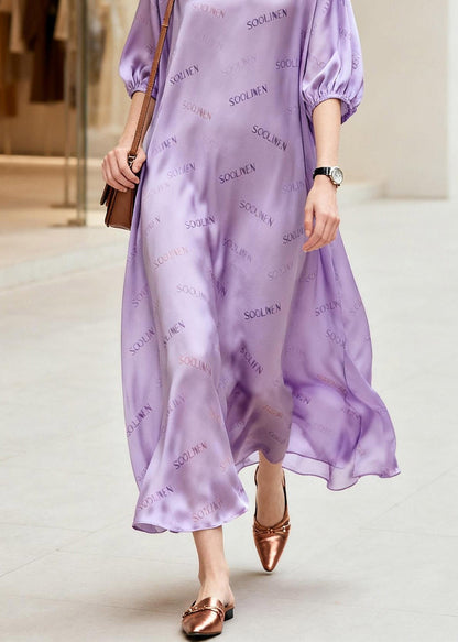 Fine Purple O-neck Graphic Silk Long Dress Summer