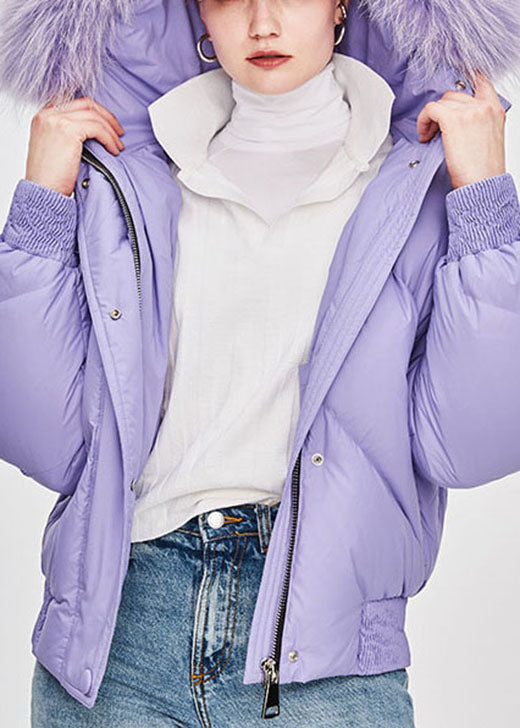 Fine Purple Fur Collar Hooded Loose Winter Duck Down Puffer Jacket