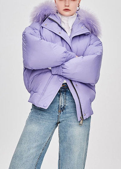 Fine Purple Fur Collar Hooded Loose Winter Duck Down Puffer Jacket