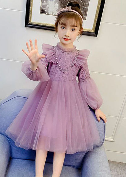 Fine Purple Ruffled Lace Patchworknail Bead Tulle Maxi Dresses Fall