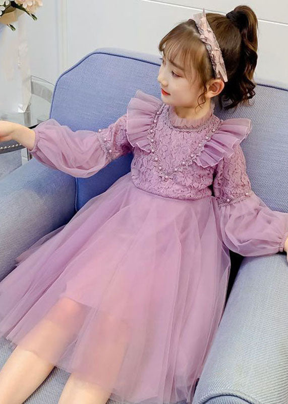Fine Purple Ruffled Lace Patchworknail Bead Tulle Maxi Dresses Fall