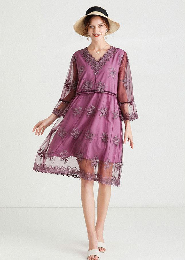 Fine Purple Tulle Embroideried Patchwork Spring Flare Sleeve Dress