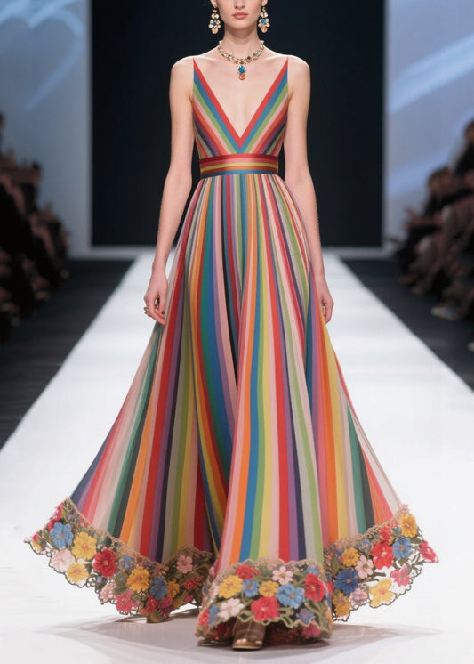 Fine Rainbow Striped Patchwork Multicolor Flower Chiffon Tunic Dress Summer