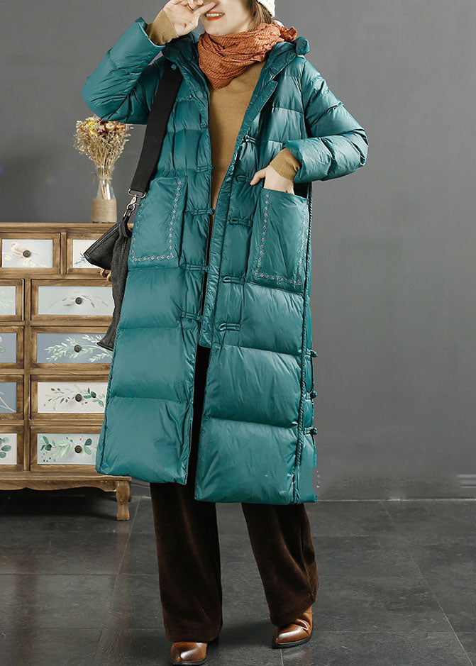 Fine Red Embroidered Side Open Button Duck Down Hooded Down Coat Long Sleeve